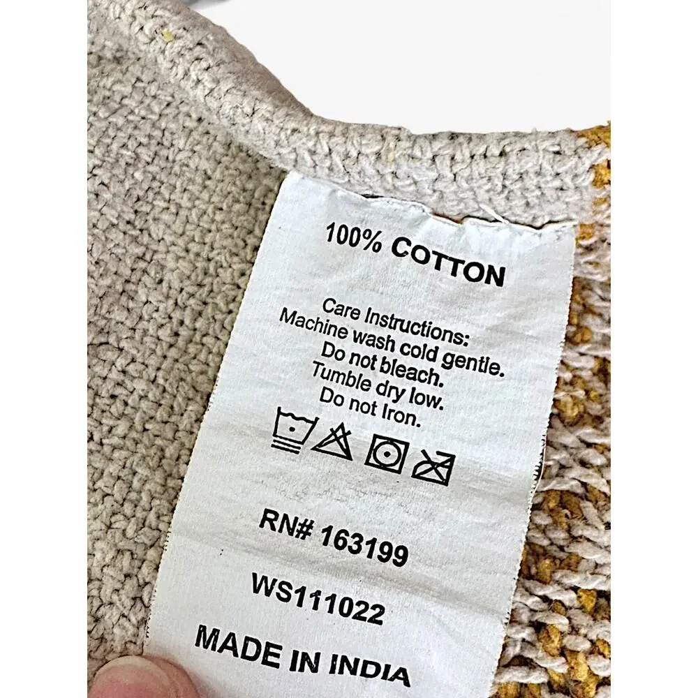 100% Cotton Woven Throw Blanket Cream Blue Mustard Striped Fringe Boho Coastal